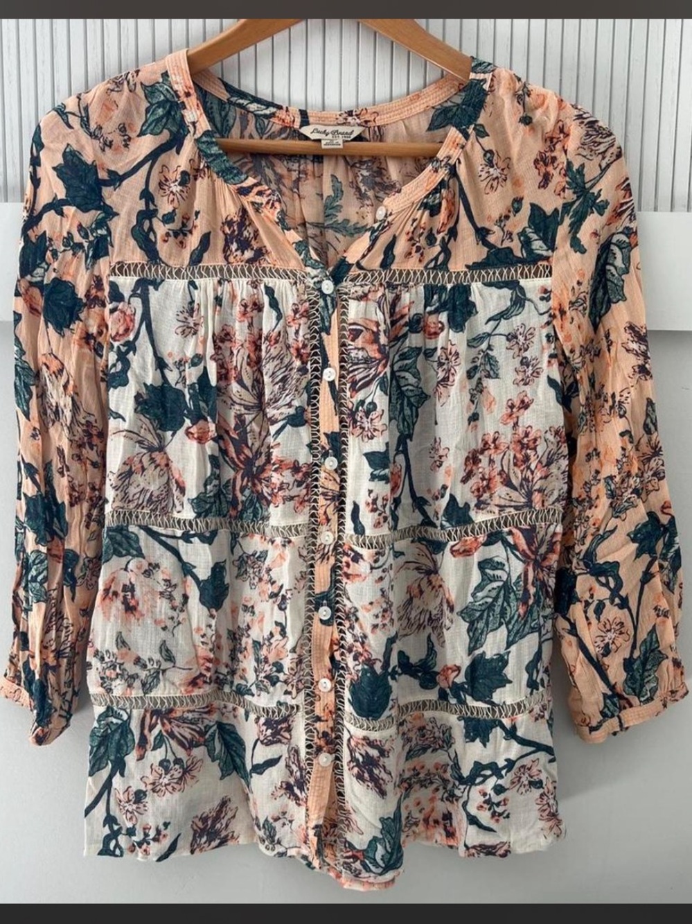 Lucky Brand Peach and Teal Floral Button-Front Peasant Top